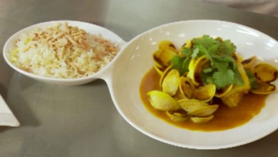 Vongole and White Fish Morroccan Curry with Pilaf and a Cucumber and Mint Raita