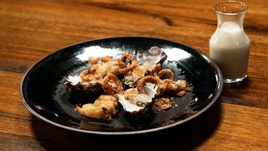 Oysters, Crackling with Crab Sauce and Lychee Vinaigrette