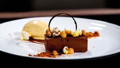 Chocolate Pave, Popcorn Ice Cream, Salted Caramel and Peanut