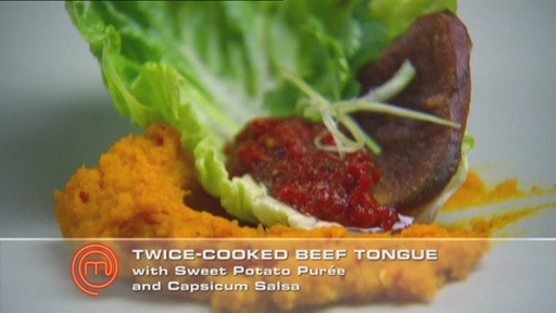 Twice Cooked Tongue with Spiced Sweet Potato Puree and Spicy Capsicum Salsa