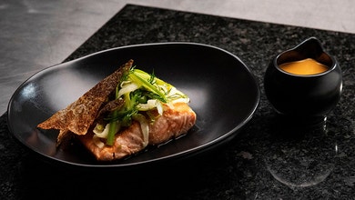 Salmon Fillet, Crispy Skin, Prawn Bisque, Asparagus and Fennel Salad