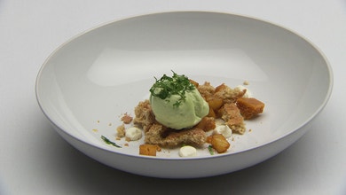 Coriander Seed Sponge with Caremelised Pineapple and Coriander Ice Cream