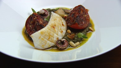 Confit and Grilled Cuttlefish with Roasted Garlic and Basil Sauce