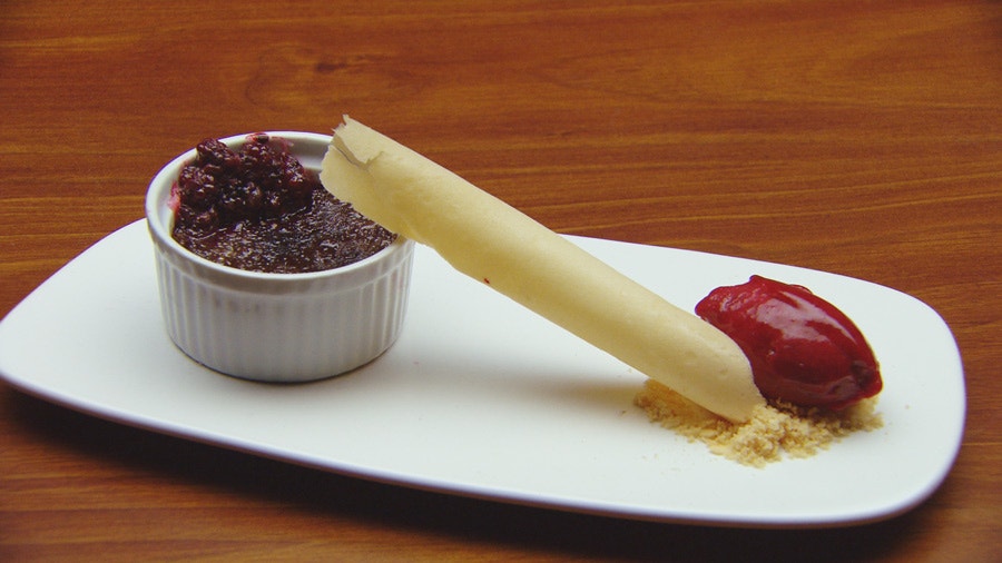 Chocolate Creme Brulee, Salted Tuille, Blackberry Sorbet