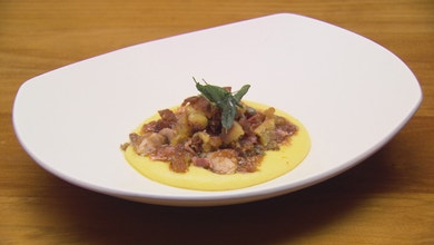Polenta with Apricot Chicken and Pangretata
