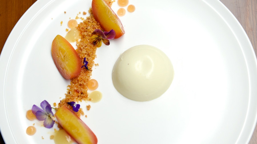 Orange and Thyme Panna Cotta, Orange Blossom Marmalade Peaches and Cardamom Praline
