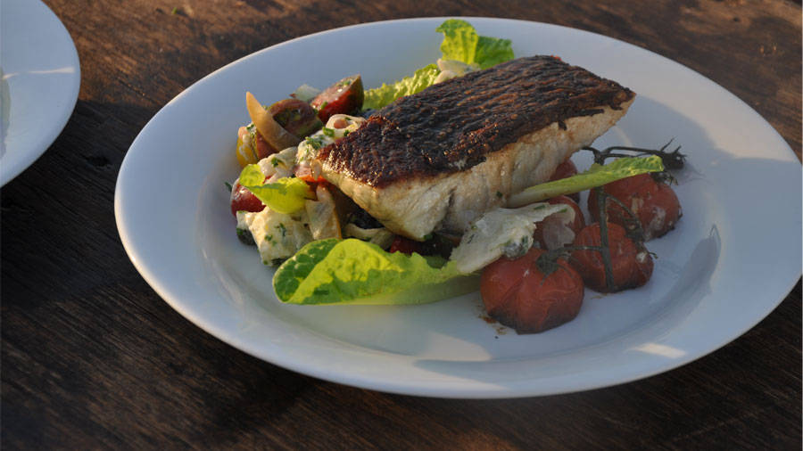 Grilled Barramundi Fillet, Cherry Tomato Salad