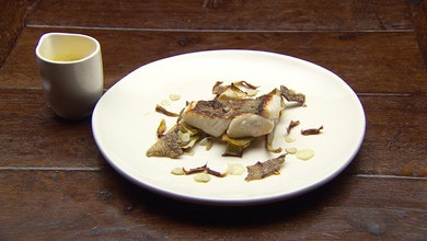 Dory Fillet with Artichoke Three Ways and Vanilla Bean Hollandaise