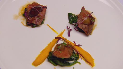 Saltbush Lamb Loin with Carrot Puree, Caramelised Eschalots and Buttered Spinach