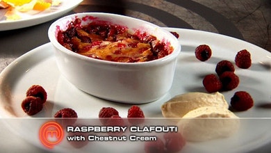 Raspberry Clafoutis with Chestnut Cream and Chocolate Filled Raspberries
