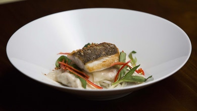 Snapper with Dumplings, Broth and Daikon Noodles