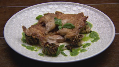 Pan Seared Quail on Celeriac Puree, Chargrilled Zucchini and Basil Oil