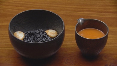 Crab Bisque with Squid Ink Spaghetti and Seared Scallops