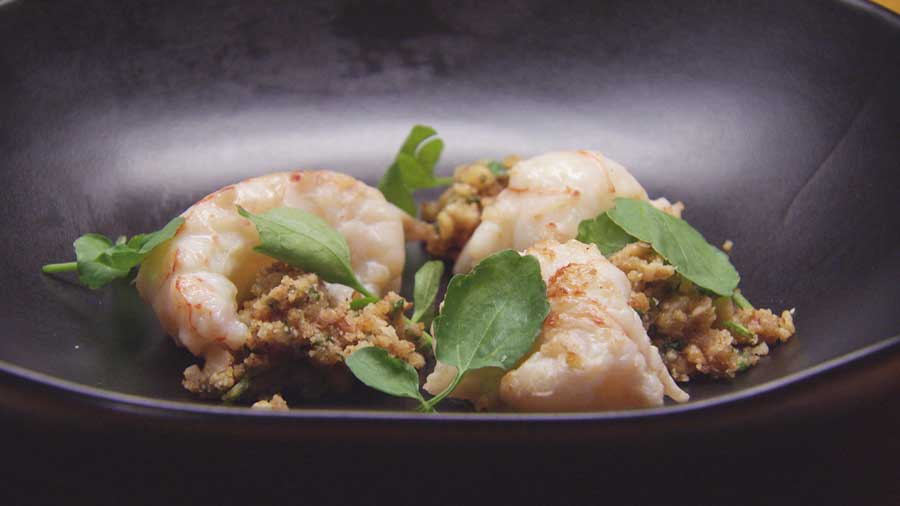 Pan Fried Scampi, Crustacean Reduction, Walnut Crumb