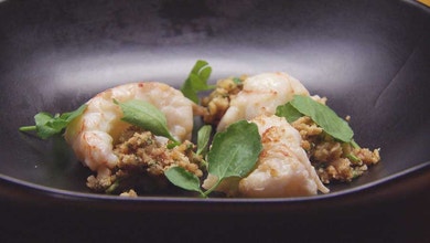 Pan Fried Scampi, Crustacean Reduction, Walnut Crumb