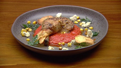 Pan-Fried Chicken with Capsicum Puree and Charred Corn