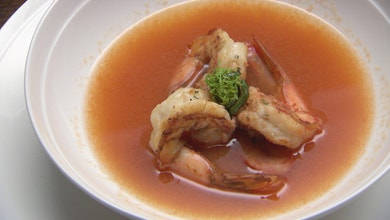 Tomato Broth with Chargrilled Prawns
