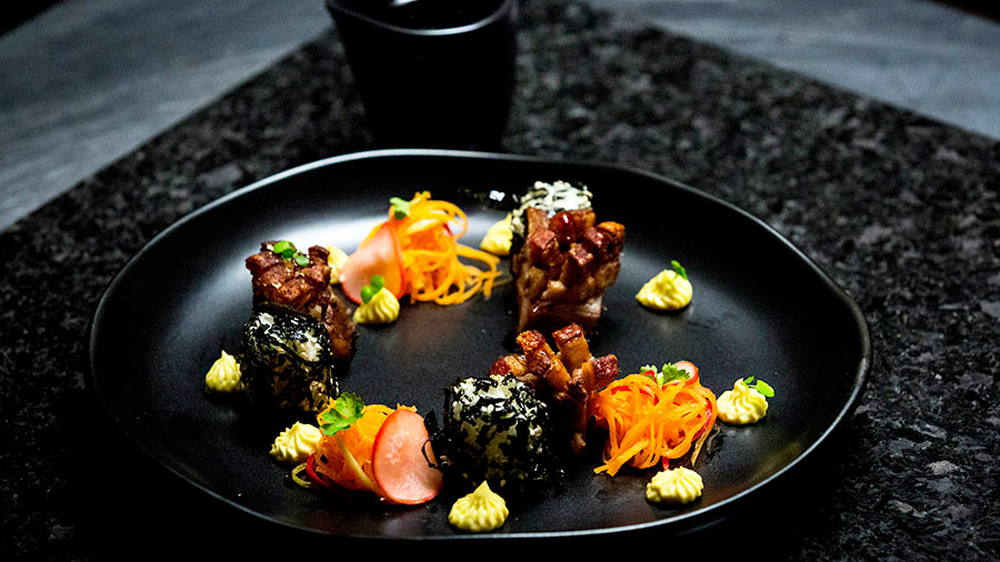 Crispy Pork Belly, Sticky Caramel and Wasabi Mayo