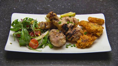 Twice Cooked Chicken Drumsticks with Crispy Chive and Parmesan Rostis