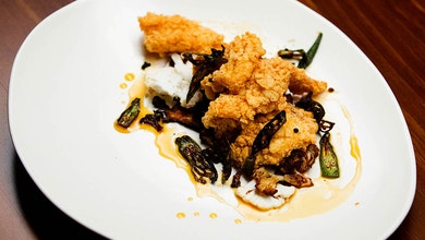 Coconut Salt Squid, Pickled Chilli and Roasted Cauliflower, Pan Fried Okra and Coconut Caramel