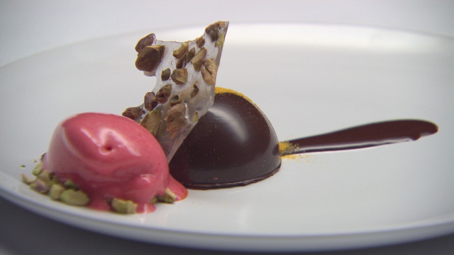 Dark Chocolate Delice, Jaffa, Raspberry Sorbet and Pistachio