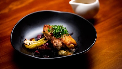 Pan Seared Duck Breast, Roasted Fennel and Beetroot with Stuffed Mushrooms