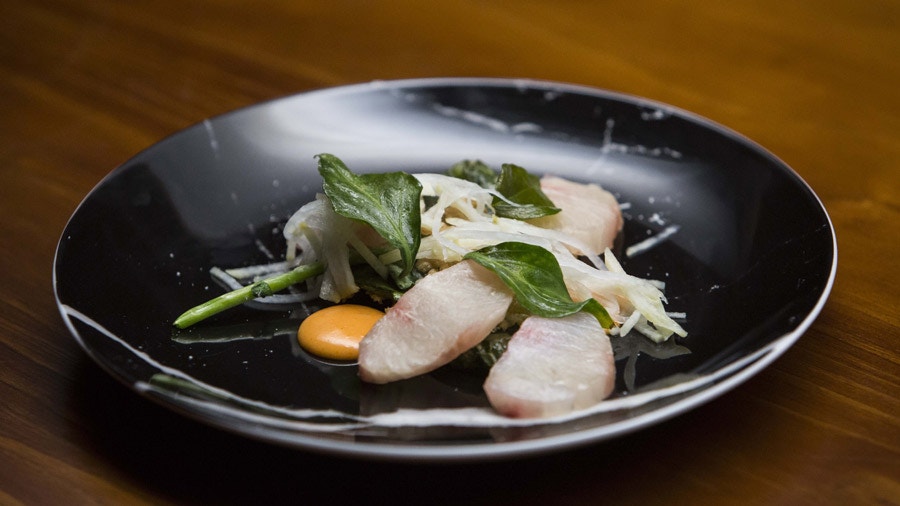 Cured and Smoked Cobia with Gochujang Custard and Pickles