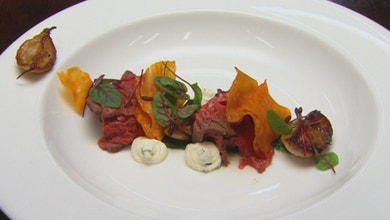 Rare Seared Beef fillet with Horseradish Cream Baby Turnips and Sweet Potato
