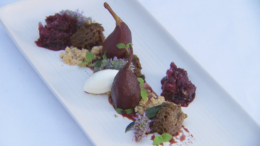 Red Wine Pears, Gingerbread, Red Wine Granita, Walnut Crumble