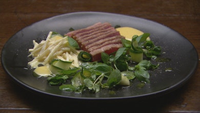 Seared Tuna with Celeriac, Watercress and Zucchini Salad with Basil Oil