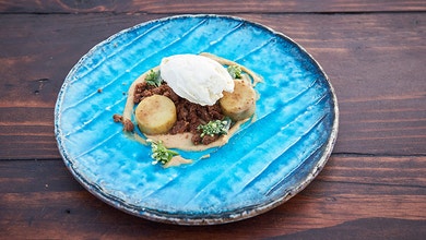 Wasabi Ice Cream with Honey Yam Fondants and Nutmeg Biscuit