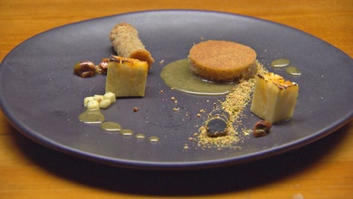 Pistachio and Cinnamon Cake with Liquorice Custard and Pineapple and Thyme Foam