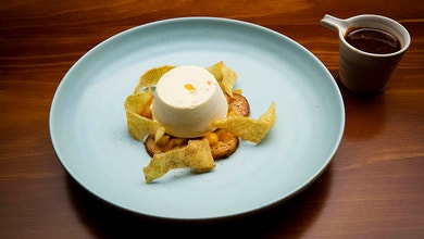 Sunrise Lime Parfait with Fondant Potatoes, Potato Chips and a Cep Caramel