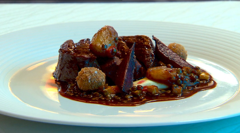 Slow Poached Beef Tenderloin with Potato Puree, Braised Lentils, Cheek Croquettes