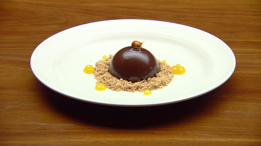 Chocolate Mousse with Passionfruit Jelly and Hazelnut Crumb