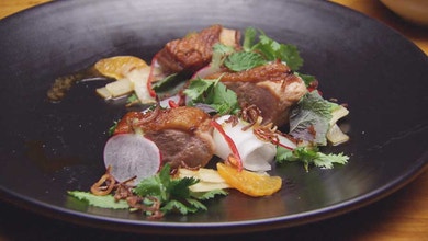 Caramel Duck with Mandarin, Pickled Daikon and Herbs