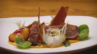 Duck with peaches three ways