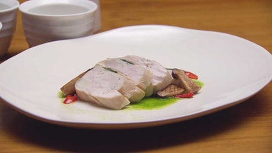 Chinese Poached Chicken with Black Sesame Paste and Spring Onion Oil