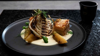 Crispy Pork Belly with Celeriac Puree and Charred Fennel with an Apple and Thyme Glaze