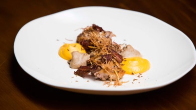 Ginger and Cumin Chicken, Crispy Ginger with Pumpkin Puree and Chestnut