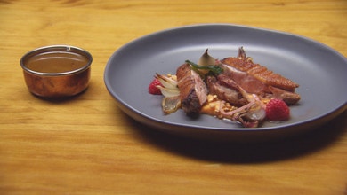 Spiced Duck with Sweet Potato Puree and Raspberry Jus