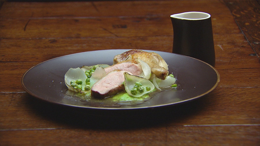 Duck Breast, Confit Duck Leg, Pea Puree, Fried Peas, Roasted Onions and Jus