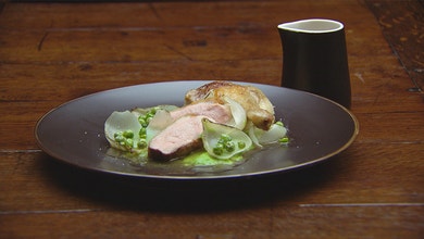 Duck Breast, Confit Duck Leg, Pea Puree, Fried Peas, Roasted Onions and Jus