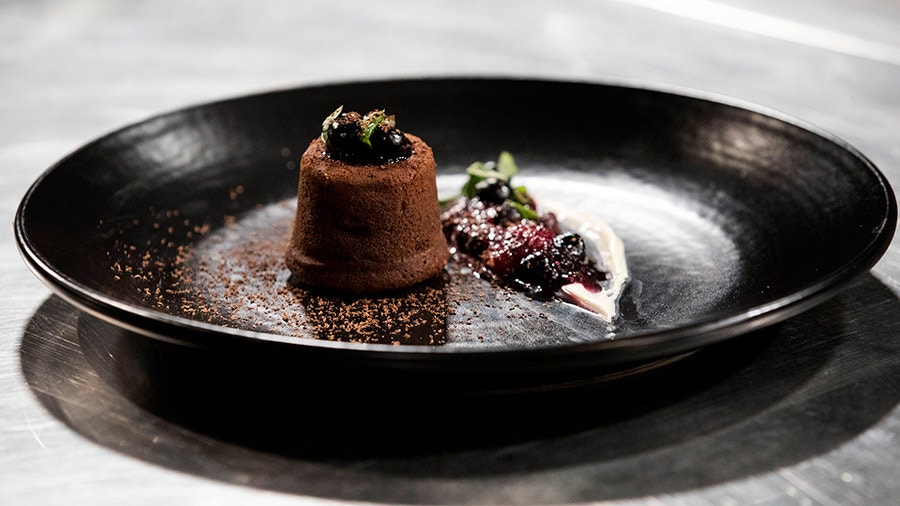 Chocolate Lava Cake with Vanilla Bean Ice Cream and Berry Coulis