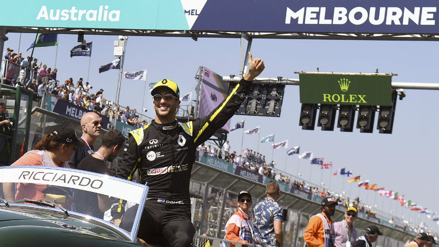 Renaults Australian driver Daniel Ricciardo waves to the fans during the drivers parade
