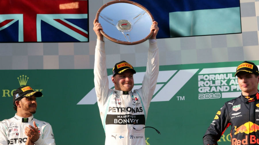 Mercedes Finnish driver Valtteri Bottas celebrates on the podium