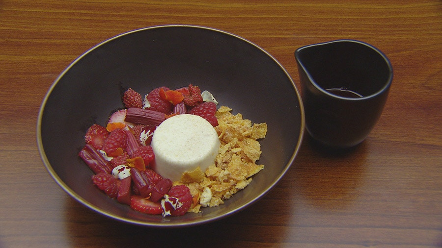 Cereal Milk Panna Cotta with Cereal Crunch and Red Fruit
