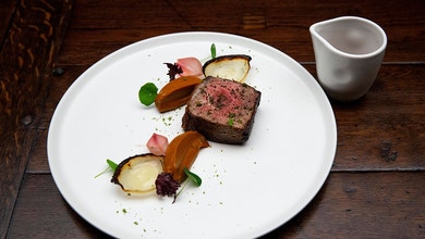 Fillet of Beef, Pumpkin Puree, Charred Onions and Red Wine Reduction