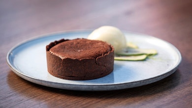 Dark Chocolate Tart with Feijoa Sorbet and Fresh Feijoa