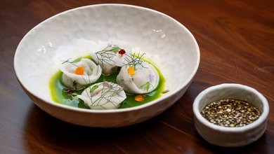 Crystal Chicken and Ginger Dumplings, Fragrant Coriander Oil and Spiced Vinegar